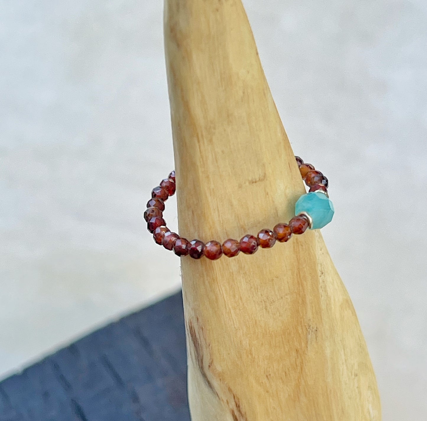 Delicate ring made of pisartite and amazonite 