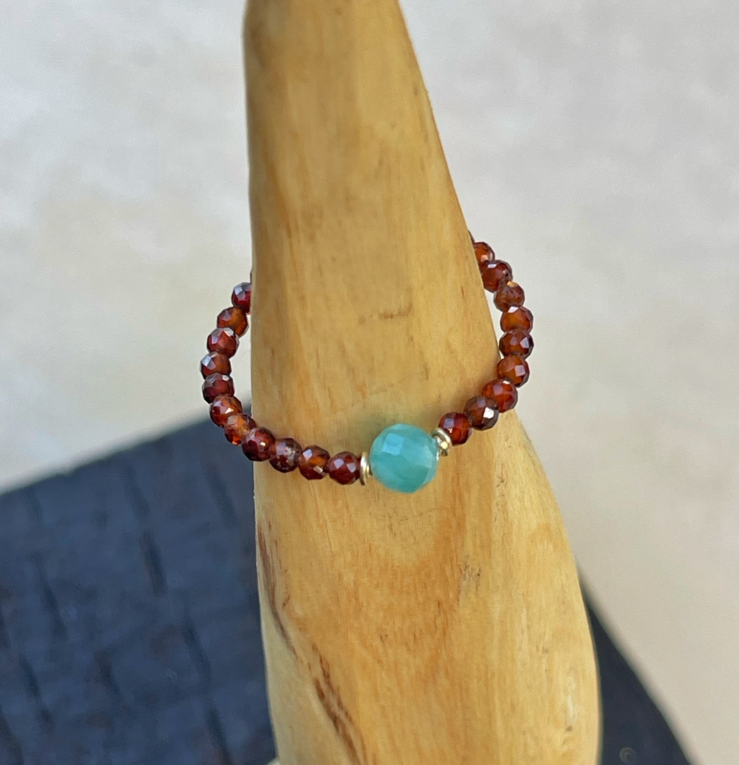 Delicate ring made of pisartite and amazonite 